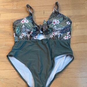 Olive Tropical Tie-Front One-Piece Swimsuit